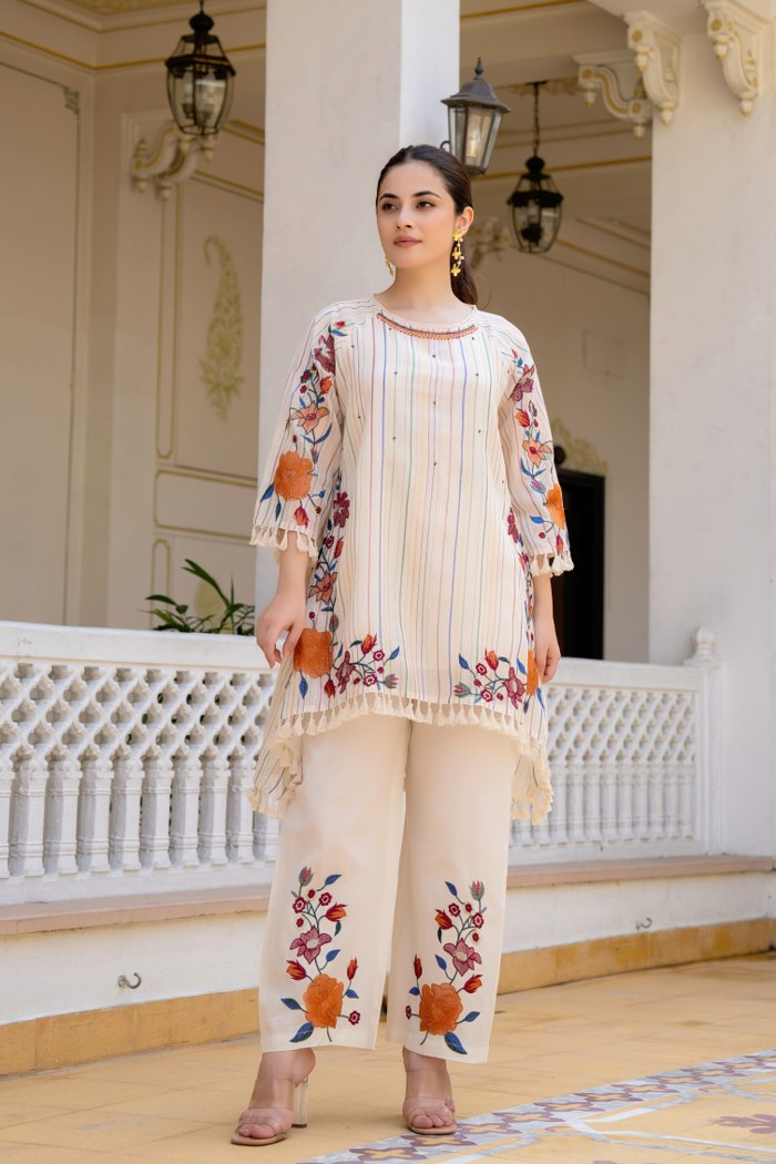 White Co-ord with Tassle | Indo Western outfit in White with Tassle by VRITAE Dubai