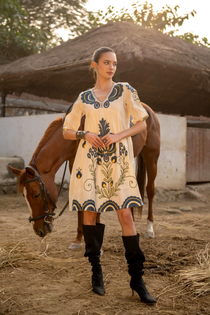 White Summer Dress with Blue Bees Embroidery | Summer dress in White with Blue Bees by VRITAE Dubai