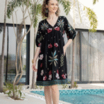 Black summer dress with big floral embroidery