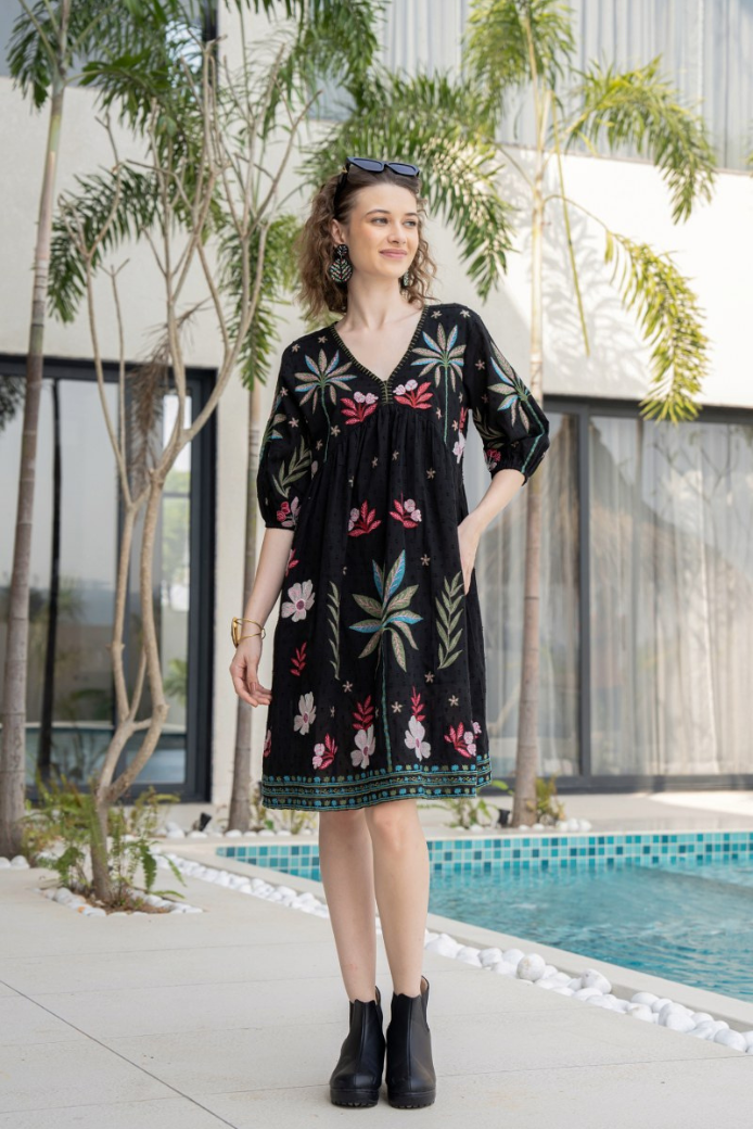 A-1172 Black summer dress with big floral embroidery - Image 1