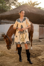 White summer dress with blue bees embriodery
