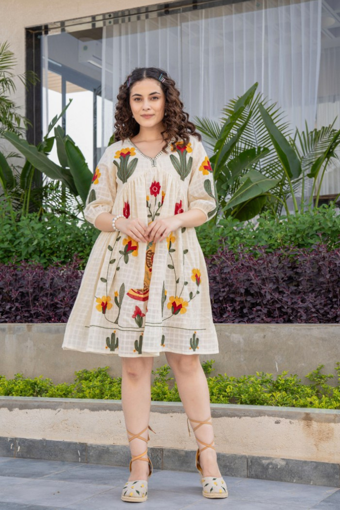 A-1205 White summer dress with shoe pattern embroidery - Image 1