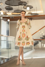 White summer dress with Peach floral embroidery