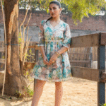 Sea green dress with cut work