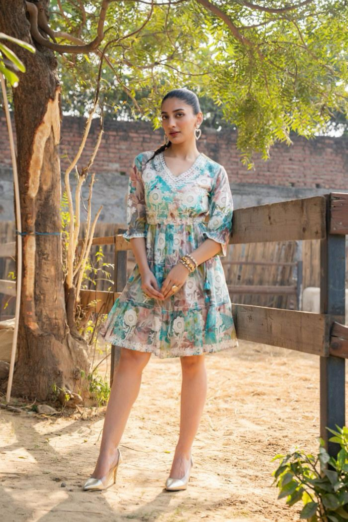 A-1348 Sea green dress with cut work - Image 1