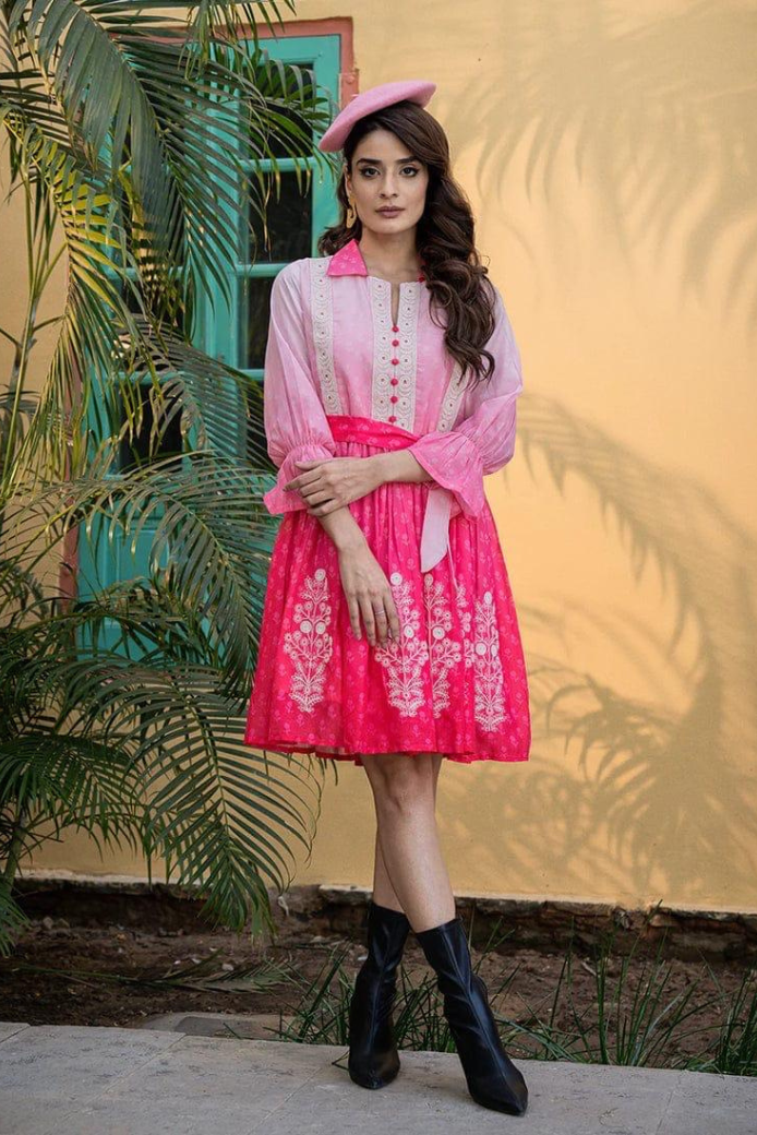 A9220 White summer dress with pink florals - Image 1