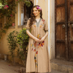 Bown color long dress with floral embroidery