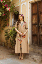 Bown color long dress with floral embroidery