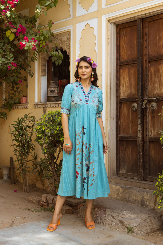 AW-49 Sky Blue long dress with embroidery - Image 1