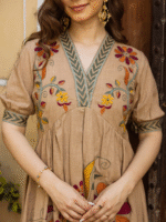 Bown color long dress with floral embroidery - Image 2