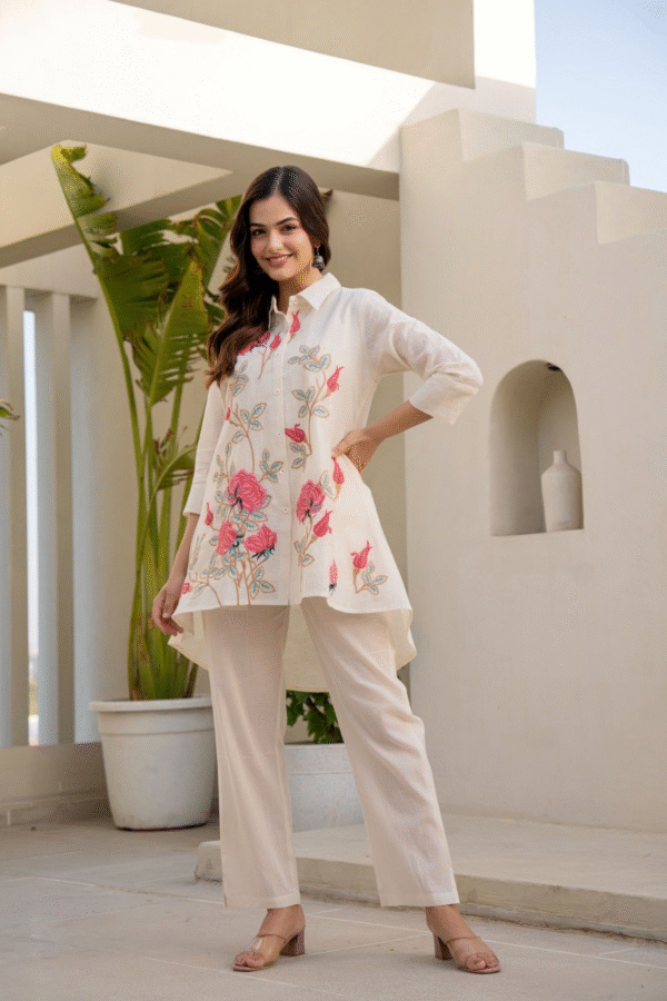 White co-ord with red florals and long shirt | VRITAE modest fashion