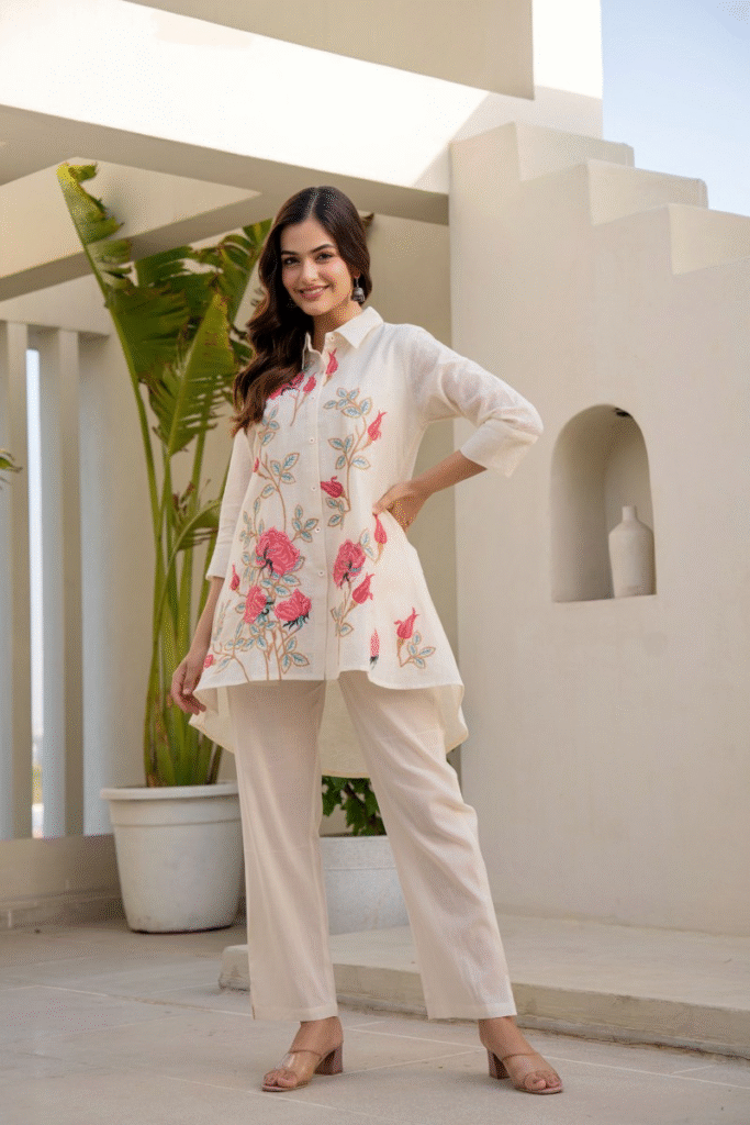 White co-ord with red florals and long shirt | VRITAE modest fashion