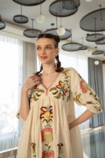 White summer dress with Peach floral embroidery - Image 3