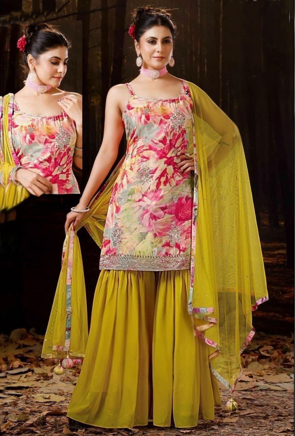 76438201-e6e0-4bb4-a347-ec90c8e3f7c3 01 Pink Green Designer Handwork Sharara party Kurta - Image 2