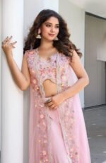 Pink Crop Top and Plazo set with net cape - Image 2