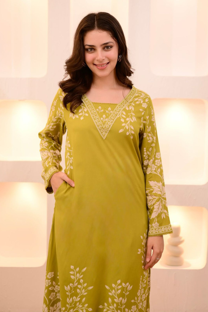 AC-1 (2) Lime Green Petals Cotton A Line Kurta Palazzo Set - Image 1