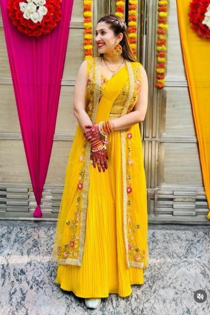 IW6 Yellow georgette Indo western Lehnga saree - Image 1