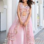 Pink Crop Top and Plazo set with net cape