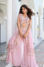 Pink Crop Top and Plazo set with net cape