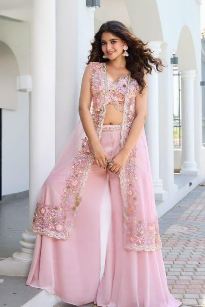 IW8 (2) Pink Crop Top and Plazo set with net cape - Image 1