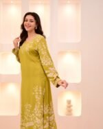 Lime Green Petals Cotton A Line Kurta Palazzo Set - Image 2