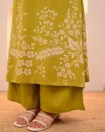 Lime Green Petals Cotton A Line Kurta Palazzo Set - Image 3