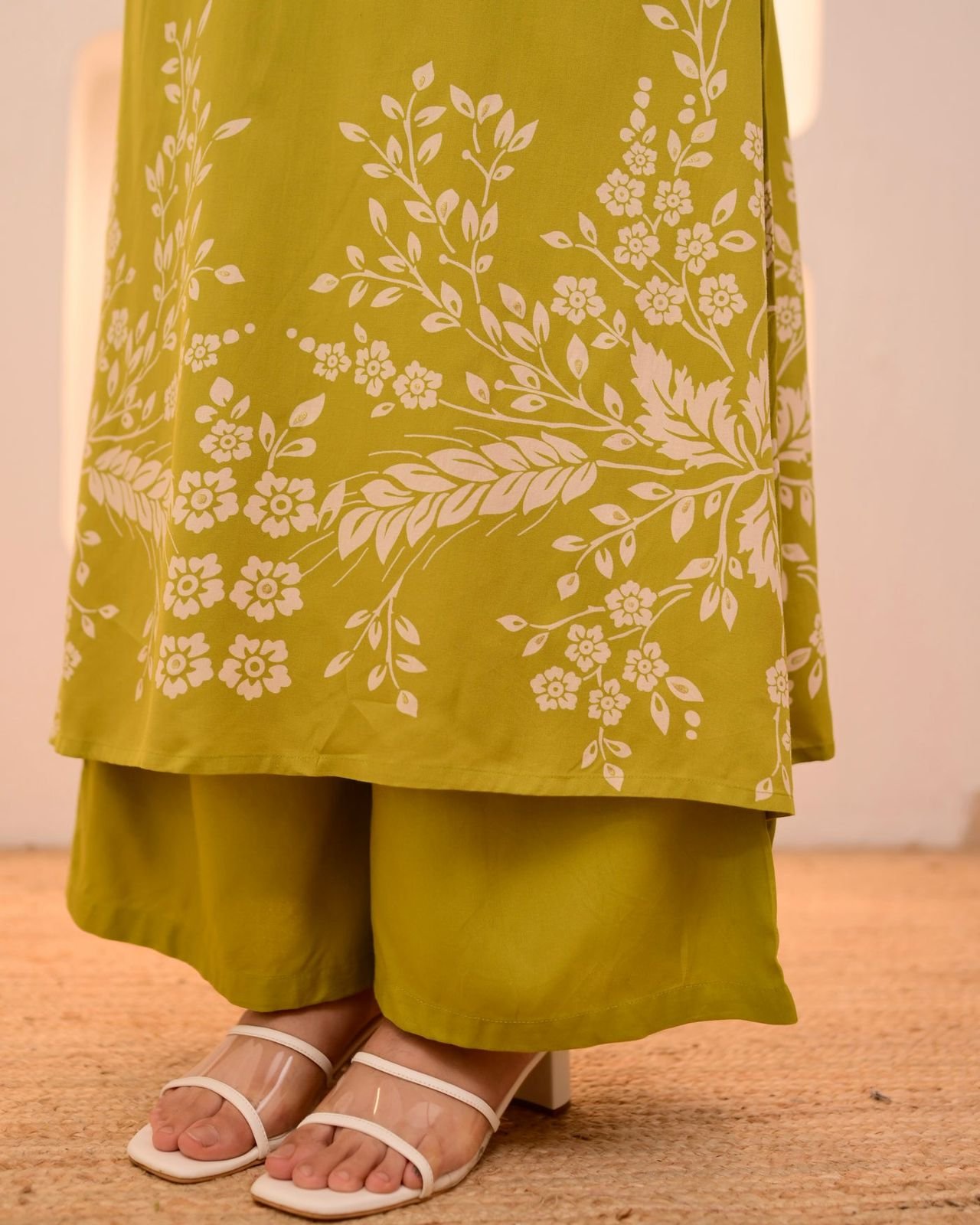 WhatsApp Image 2025-08-02 at 13.52.48 (1) Lime Green Petals Cotton A Line Kurta Palazzo Set - Image 3